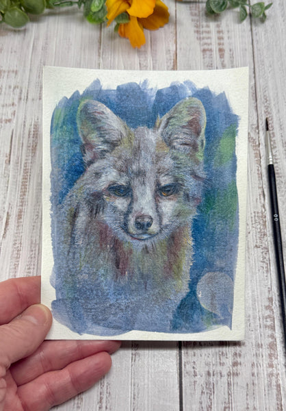 Original Fox Painting Artwork, Cyanotype Mixed Media Art on Paper, Gray Fox Face, Blue, Green, Gray
