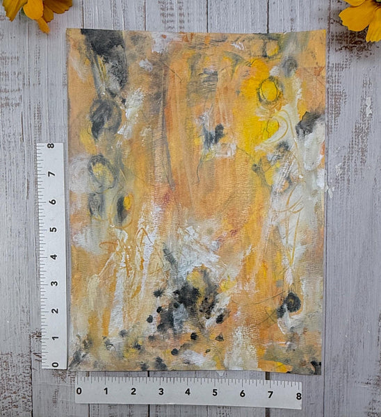 Original Painting Yellow Abstract Art with Circles Gray, Orange, Black WHite – Mixed Media Painting on Paper (Unframed 9x12