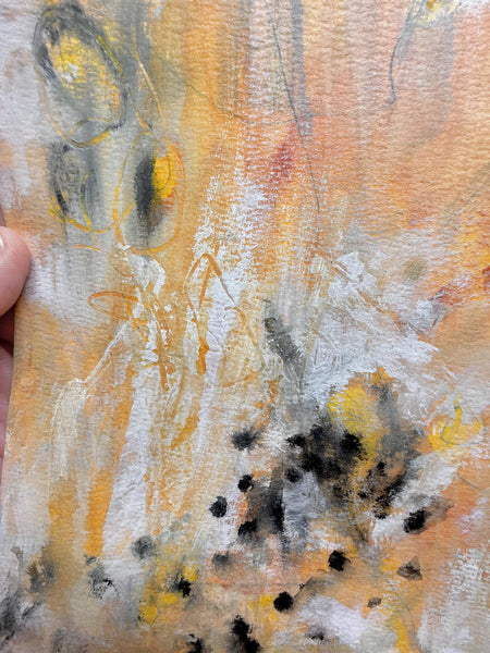 Original Painting Yellow Abstract Art with Circles Gray, Orange, Black WHite – Mixed Media Painting on Paper (Unframed 9x12