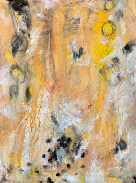 Original Painting Yellow Abstract Art with Circles Gray, Orange, Black WHite – Mixed Media Painting on Paper (Unframed 9x12