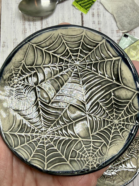 Handmade Spider Web Coffee Spoon Rest - Halloween Lover Gift, Gothic Ceramic Pottery for Coffee Bar