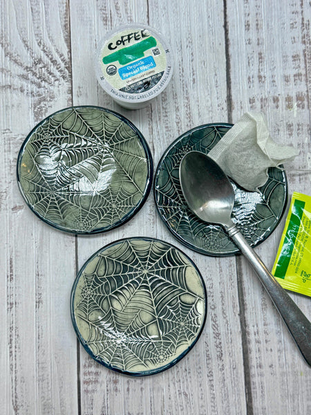 Handmade Spider Web Coffee Spoon Rest - Halloween Lover Gift, Gothic Ceramic Pottery for Coffee Bar
