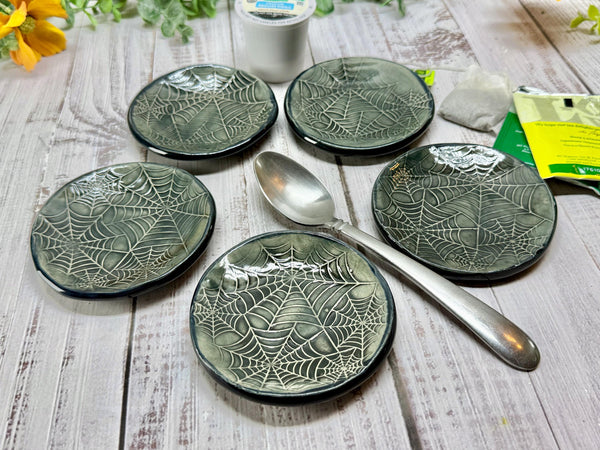 Handmade Spider Web Coffee Spoon Rest - Halloween Lover Gift, Gothic Ceramic Pottery for Coffee Bar