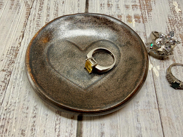 Bronze Ceramic Pottery 8th or 9th Anniversary, Heart Gift for Her, Jewelry Trinket Dish, Small Coffee Spoon Rest, Black and White