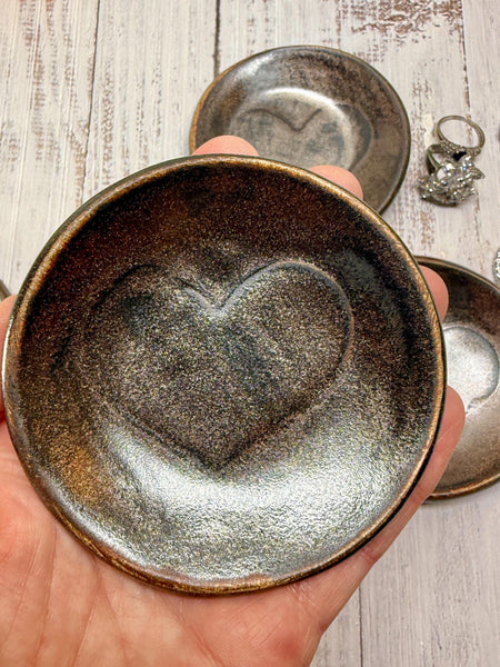 Bronze Ceramic Pottery 8th or 9th Anniversary, Heart Gift for Her, Jewelry Trinket Dish, Small Coffee Spoon Rest, Black and White