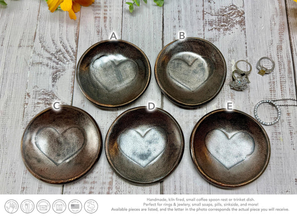 Bronze Ceramic Pottery 8th or 9th Anniversary, Heart Gift for Her, Jewelry Trinket Dish, Small Coffee Spoon Rest, Black and White