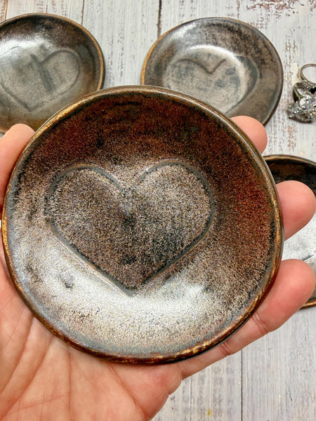 Bronze Ceramic Pottery 8th or 9th Anniversary, Heart Gift for Her, Jewelry Trinket Dish, Small Coffee Spoon Rest, Black and White