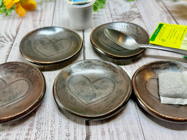 Bronze Ceramic Pottery 8th or 9th Anniversary, Heart Gift for Her, Jewelry Trinket Dish, Small Coffee Spoon Rest, Black and White