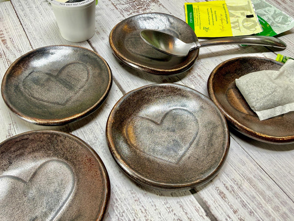 Bronze Ceramic Pottery 8th or 9th Anniversary, Heart Gift for Her, Jewelry Trinket Dish, Small Coffee Spoon Rest, Black and White