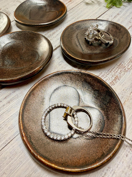 Bronze Ceramic Pottery 8th or 9th Anniversary, Heart Gift for Her, Jewelry Trinket Dish, Small Coffee Spoon Rest, Black and White