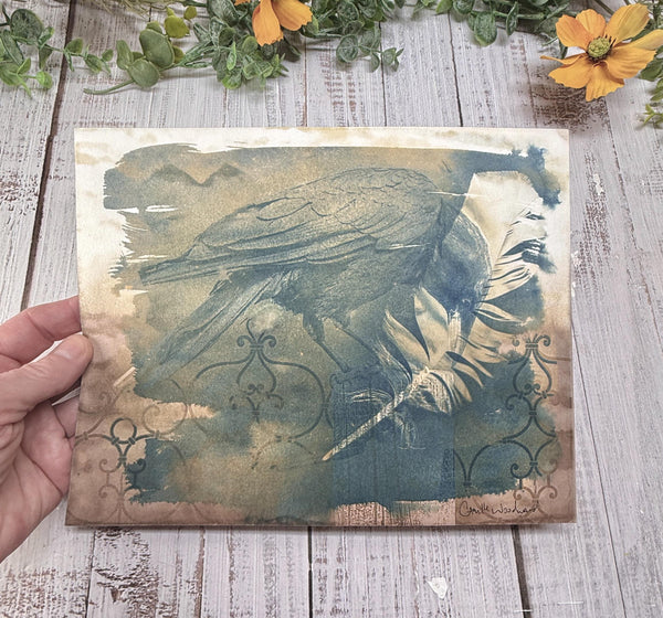 Original Painting Raven Bird, Cyanotype Mixed Media Artwork, Owl Feather and Black Raven, Gothic Decor Original Art On Paper, Bird Gift