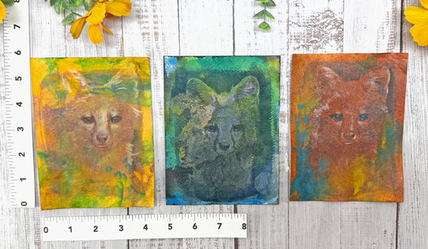 Original Fox Painting Small Artwork, Acrylic Mixed Media Art on Paper, Cyanotype Gray Fox Face, Yellow, Blue, Green, Orange