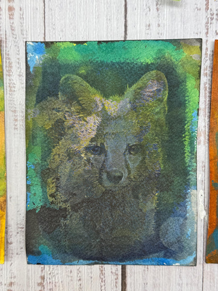 Original Fox Painting Small Artwork, Acrylic Mixed Media Art on Paper, Cyanotype Gray Fox Face, Yellow, Blue, Green, Orange