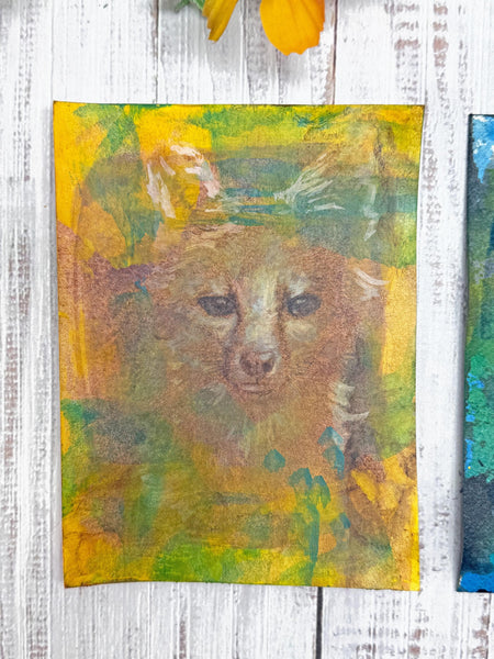 Original Fox Painting Small Artwork, Acrylic Mixed Media Art on Paper, Cyanotype Gray Fox Face, Yellow, Blue, Green, Orange