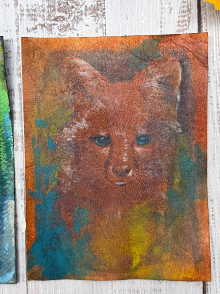 Original Fox Painting Small Artwork, Acrylic Mixed Media Art on Paper, Cyanotype Gray Fox Face, Yellow, Blue, Green, Orange