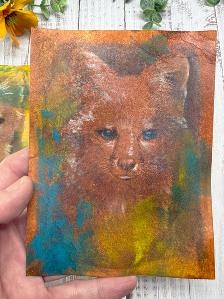 Original Fox Painting Small Artwork, Acrylic Mixed Media Art on Paper, Cyanotype Gray Fox Face, Yellow, Blue, Green, Orange