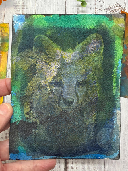 Original Fox Painting Small Artwork, Acrylic Mixed Media Art on Paper, Cyanotype Gray Fox Face, Yellow, Blue, Green, Orange