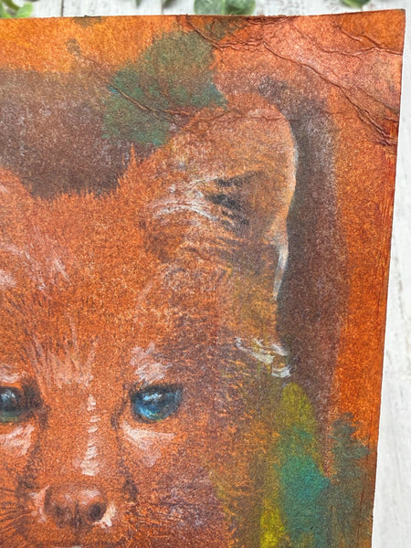 Original Fox Painting Small Artwork, Acrylic Mixed Media Art on Paper, Cyanotype Gray Fox Face, Yellow, Blue, Green, Orange