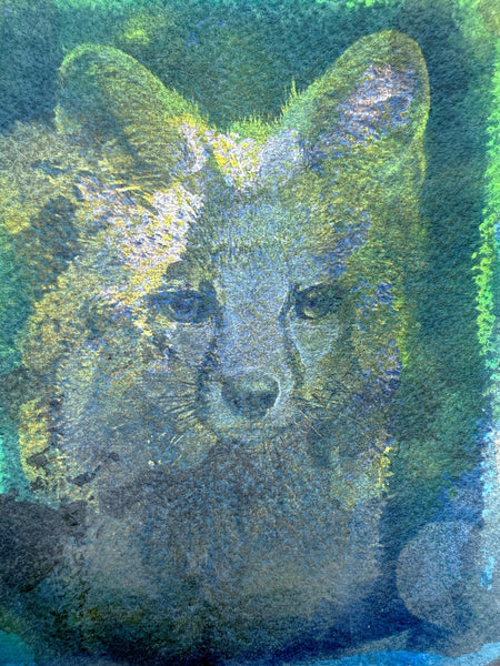 Original Fox Painting Small Artwork, Acrylic Mixed Media Art on Paper, Cyanotype Gray Fox Face, Yellow, Blue, Green, Orange