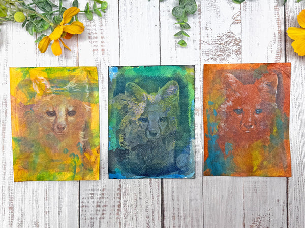 Original Fox Painting Small Artwork, Acrylic Mixed Media Art on Paper, Cyanotype Gray Fox Face, Yellow, Blue, Green, Orange