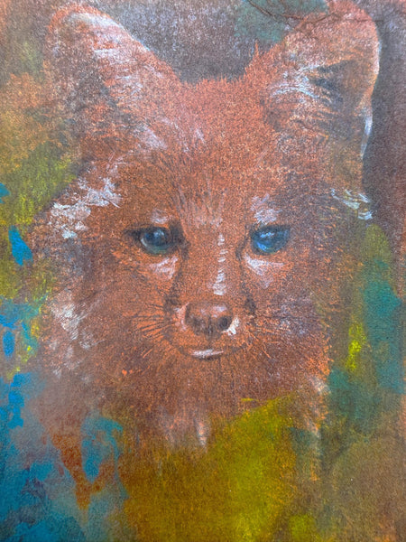 Original Fox Painting Small Artwork, Acrylic Mixed Media Art on Paper, Cyanotype Gray Fox Face, Yellow, Blue, Green, Orange