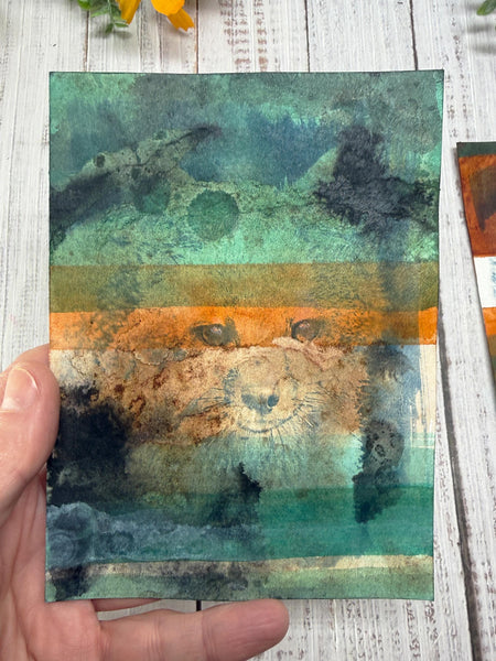 Original Fox Painting Small Artwork, Acrylic Watercolor Mixed Media Art on Paper, Cyanotype Gray Fox Face, Blue, Green, Orange, Gray