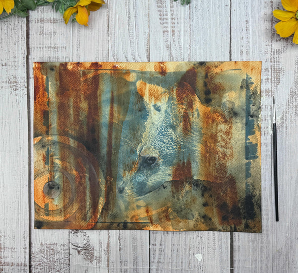Original Fox Painting Artwork, Cyanotype Blue Photo, Brown Sienna Rust, Dark Black Mixed Media Art on Paper, Gray Fox Profile
