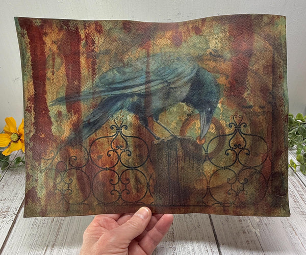 Original Painting Raven Bird, Cyanotype Print Mixed Media Artwork, Raven Bird, Rust, Black, Blue, and Art on Paper, Bird Lover Gift