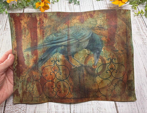 Original Painting Raven Bird, Cyanotype Print Mixed Media Artwork, Raven Bird, Rust, Black, Blue, and Art on Paper, Bird Lover Gift
