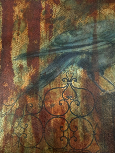 Original Painting Raven Bird, Cyanotype Print Mixed Media Artwork, Raven Bird, Rust, Black, Blue, and Art on Paper, Bird Lover Gift
