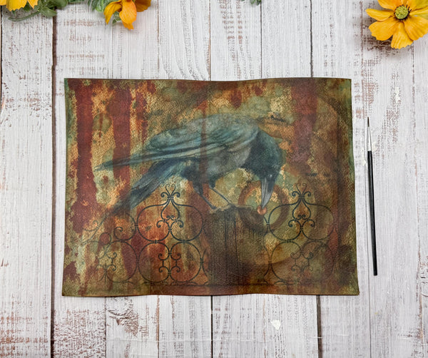 Original Painting Raven Bird, Cyanotype Print Mixed Media Artwork, Raven Bird, Rust, Black, Blue, and Art on Paper, Bird Lover Gift