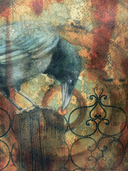 Original Painting Raven Bird, Cyanotype Print Mixed Media Artwork, Raven Bird, Rust, Black, Blue, and Art on Paper, Bird Lover Gift