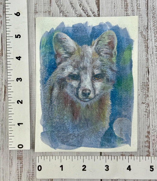 Original Fox Painting Artwork, Cyanotype Mixed Media Art on Paper, Gray Fox Face, Blue, Green, Gray