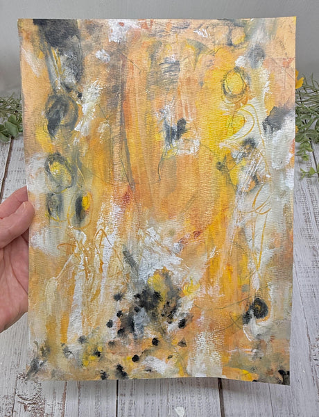 Original Painting Yellow Abstract Art with Circles Gray, Orange, Black WHite – Mixed Media Painting on Paper (Unframed 9x12