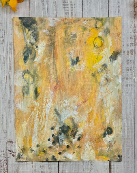 Original Painting Yellow Abstract Art with Circles Gray, Orange, Black WHite – Mixed Media Painting on Paper (Unframed 9x12