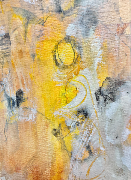 Original Painting Yellow Abstract Art with Circles Gray, Orange, Black WHite – Mixed Media Painting on Paper (Unframed 9x12