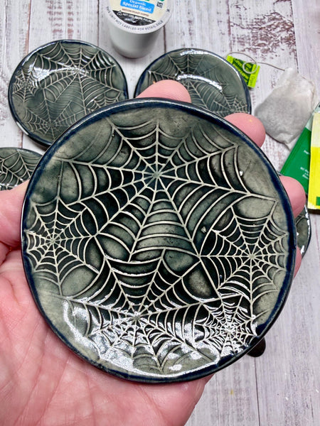 Handmade Spider Web Coffee Spoon Rest - Halloween Lover Gift, Gothic Ceramic Pottery for Coffee Bar