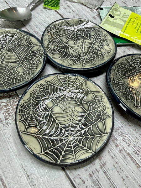 Handmade Spider Web Coffee Spoon Rest - Halloween Lover Gift, Gothic Ceramic Pottery for Coffee Bar