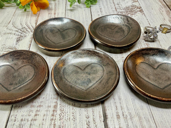 Bronze Ceramic Pottery 8th or 9th Anniversary, Heart Gift for Her, Jewelry Trinket Dish, Small Coffee Spoon Rest, Black and White
