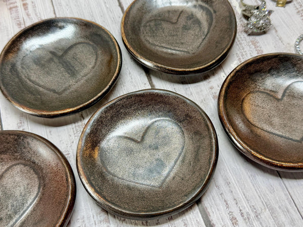 Bronze Ceramic Pottery 8th or 9th Anniversary, Heart Gift for Her, Jewelry Trinket Dish, Small Coffee Spoon Rest, Black and White