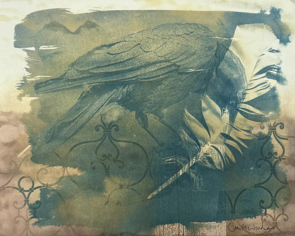 Original Painting Raven Bird, Cyanotype Mixed Media Artwork, Owl Feather and Black Raven, Gothic Decor Original Art On Paper, Bird Gift