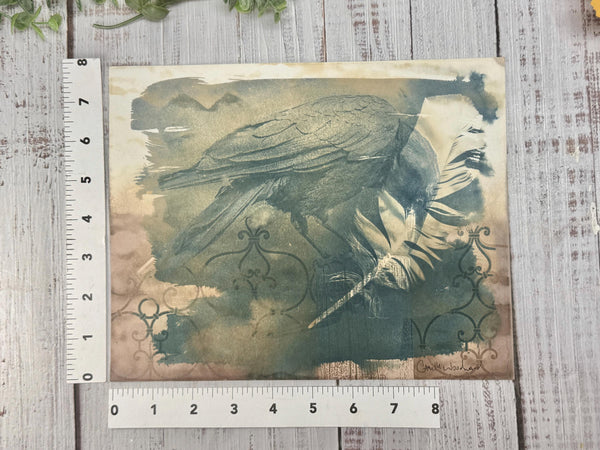 Original Painting Raven Bird, Cyanotype Mixed Media Artwork, Owl Feather and Black Raven, Gothic Decor Original Art On Paper, Bird Gift