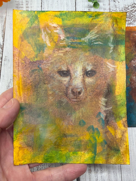 Original Fox Painting Small Artwork, Acrylic Mixed Media Art on Paper, Cyanotype Gray Fox Face, Yellow, Blue, Green, Orange