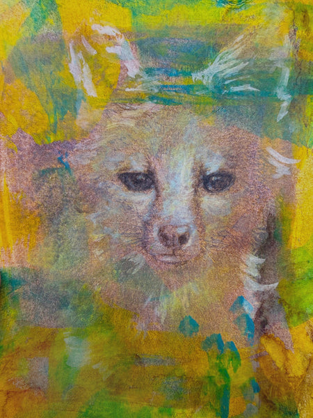 Original Fox Painting Small Artwork, Acrylic Mixed Media Art on Paper, Cyanotype Gray Fox Face, Yellow, Blue, Green, Orange