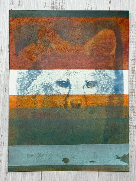 Original Fox Painting Small Artwork, Acrylic Watercolor Mixed Media Art on Paper, Cyanotype Gray Fox Face, Blue, Green, Orange, Gray