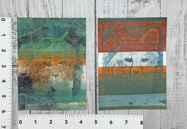 Original Fox Painting Small Artwork, Acrylic Watercolor Mixed Media Art on Paper, Cyanotype Gray Fox Face, Blue, Green, Orange, Gray