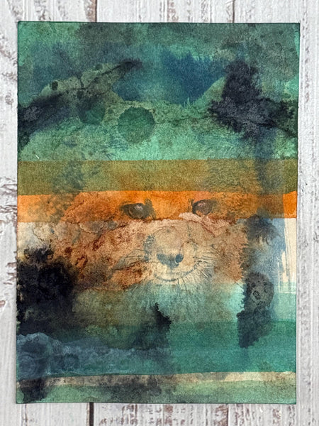 Original Fox Painting Small Artwork, Acrylic Watercolor Mixed Media Art on Paper, Cyanotype Gray Fox Face, Blue, Green, Orange, Gray