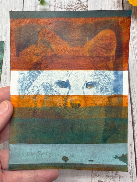 Original Fox Painting Small Artwork, Acrylic Watercolor Mixed Media Art on Paper, Cyanotype Gray Fox Face, Blue, Green, Orange, Gray