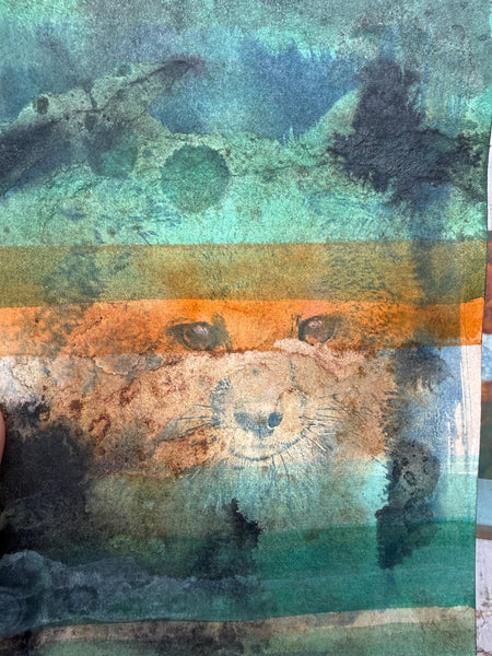 Original Fox Painting Small Artwork, Acrylic Watercolor Mixed Media Art on Paper, Cyanotype Gray Fox Face, Blue, Green, Orange, Gray