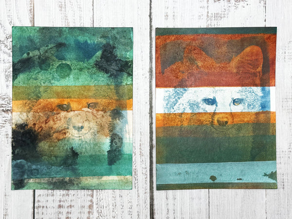 Original Fox Painting Small Artwork, Acrylic Watercolor Mixed Media Art on Paper, Cyanotype Gray Fox Face, Blue, Green, Orange, Gray